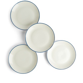 Gordon Ramsay blue-rimmed cream dinnerware set of four plates, featuring ribbed texture and thin navy border detail.