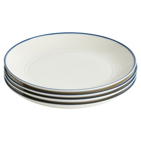 Gordon Ramsay set of 4 stacked cream dinner plates with blue rim detail and ribbed texture.