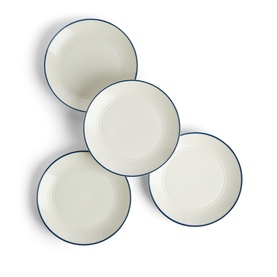 Gordon Ramsay blue-rimmed cream ceramic dinner plates, set of four, shown from above with ribbed texture detail