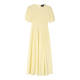 Whistles yellow midi dress with puff sleeves, V-neckline, and gathered waist on a flat product shot
