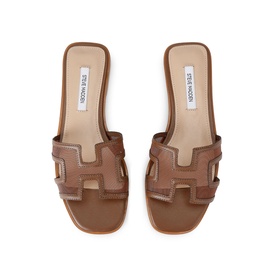 Steve Madden brown leather H-strap flat slide sandals, top-down view showing cut-out upper and tan insole