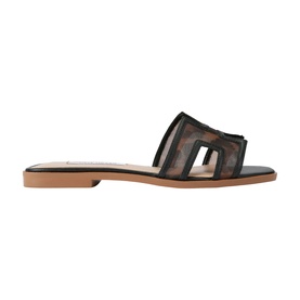 Steve Madden brown mesh slide sandal with cut-out upper detail, flat tan sole, side profile view