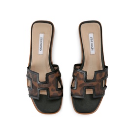 Steve Madden brown leopard print H-strap flat mule sandals with black leather trim, overhead view