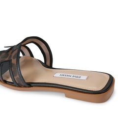 Steve Madden brown flat slide sandals with mesh upper panel and double strap detail, tan leather insole, low block heel