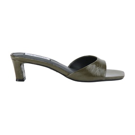 Steve Madden green patent leather slip-on mule heels with square toe, block heel, and black insole, side view