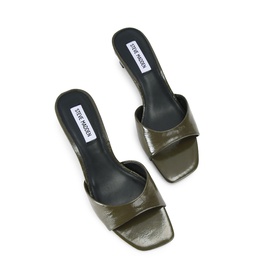 Steve Madden green patent leather heeled mule sandals with square toe, black insole, overhead flat lay view
