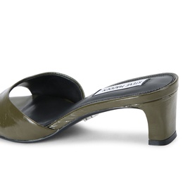 Steve Madden green patent leather block heel mule sandal, open toe, black insole, viewed from rear angle