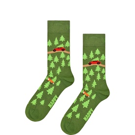 Happy Socks green adult socks with Christmas tree forest and red car print, ribbed cuff with Happy branding