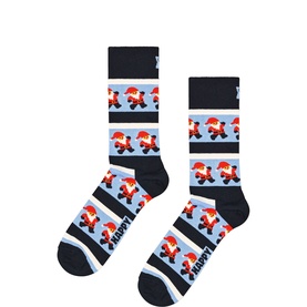 Happy Socks adult socks in navy with light blue stripes and repeating Santa on scooter motif pattern.