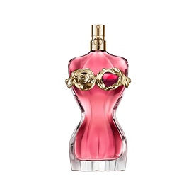 Jean Paul Gaultier La Belle Rosea Eau de Parfum in a feminine torso-shaped bottle with gold rose detail and red heart accent