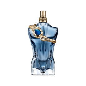Jean Paul Gaultier Le Beau Narcisse Eau de Parfum in a torso-shaped blue glass bottle with gold serpent detail and gold cap.
