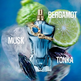 Jean Paul Gaultier Le Beau Narcisse Eau de Parfum bottle with bergamot, musk and tonka bean fragrance notes on icy blue background