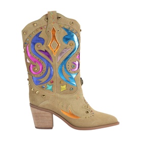 Beige suede cowboy boot with multicolour iridescent cutout panels, gold stud embellishments, and block heel