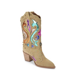 Sand suede cowboy boot with multicolour iridescent embroidery, stud detailing, pointed toe, and block heel