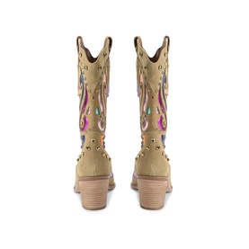 Sand suede cowboy boots, back view, with multicolour crystal embroidery, stud detailing, and stacked block heel