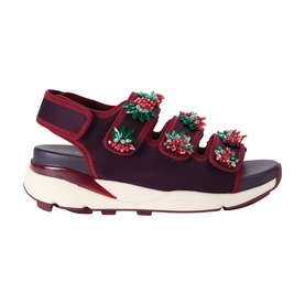 Kurt Geiger London red platform sandals with floral embellishments on velcro straps and chunky white sole