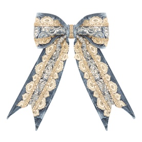 Luxury Garlands Embellished Velvet Pre-Tied Bow 42cm in grey-blue velvet with gold lace braid trim, sequin embellishment, sculpted loops and trailing