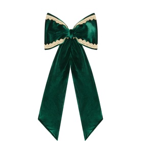 Luxury Garlands Deep Green Regal Large Pre-Tied Bow, green velvet with antique-gold lace trim, sculpted loops and extra-long trailing tails