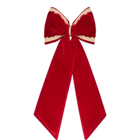Luxury Garlands Regal Red Large Pre-Tied Bow, red velvet with gold trim, structured loops and extra-long trailing tails, 80cm