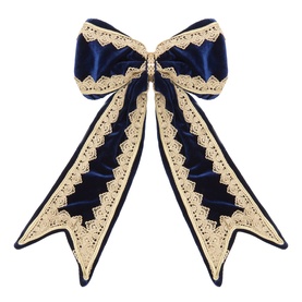 Luxury Garlands Navy Velvet Pre-Tied Bow 44cm with antique-gold lace trim, generous loops and long trailing tails