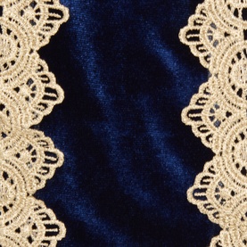 Luxury Garlands Navy Velvet Pre-Tied Bow close-up showing deep navy velvet fabric with antique-gold crochet lace trim detailing along edges.