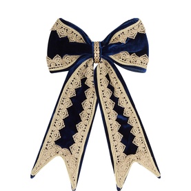 Luxury Garlands Navy Velvet Pre-Tied Bow, 34cm, with antique-gold lace trim, sculpted loops and elegant trailing tails