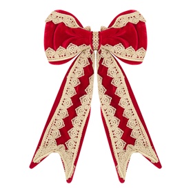 Luxury Garlands Regal Red Pre-Tied Bow 34cm in red velvet with cream lace trim, sculpted loops and long trailing tails.
