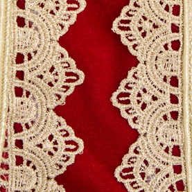 Luxury Garlands Regal Red Pre-Tied Bow close-up of cream lace trim detail against red velvet fabric