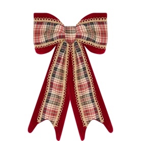 Luxury Garlands Tartan Velvet Christmas Bow 34cm in red velvet with tartan ribbon, gold trim accents, and double tail design.
