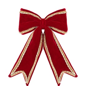 Luxury Garlands Deep Red Velvet Pre-Tied Bow 35cm with antique-gold trim edging, structured loops, and pointed tails.