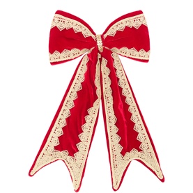 Luxury Garlands Regal Red Large Pre-Tied Bow 44cm, red velvet with antique-gold lace trim, generous loops and extra-long trailing tails