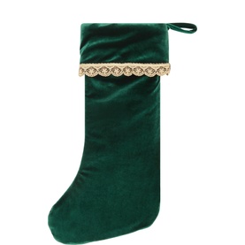 Luxury Garlands Deep Green Velvet Christmas Stocking 52cm with gold lace trim cuff and hanging loop, classic silhouette