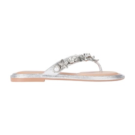 Silver flat thong sandal with crystal and floral embellishment on strap, metallic leather upper, nude flat sole