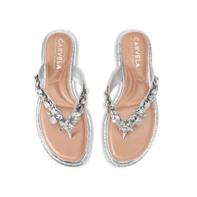 Carvela silver flat thong sandals with crystal and shell embellishment on straps, beige insole, overhead view
