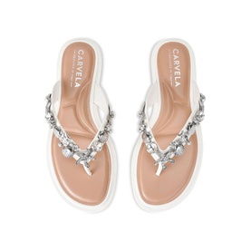 Carvela white flat sandals with silver crystal-embellished toe-post strap and cushioned footbed, white sole