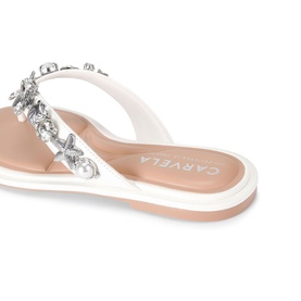 Carvela white flat sandal with embellished crystal and pearl strap detail, cushioned insole, viewed from above at an angle.