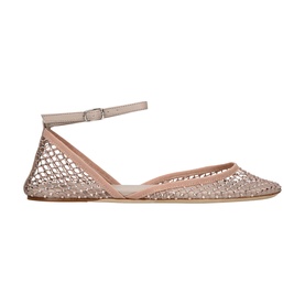 Christopher Esber beige mesh crystal-embellished ballet flat with ankle strap, pointed toe, and nude sole