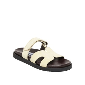 Steve Madden Missile Flat Sandals in yellow suede, adjustable ankle strap, cushioned footbed, dark contrast sole