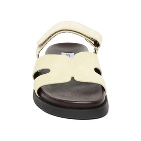 Steve Madden Missile Flat Sandals in yellow suede, front view showing adjustable strap, cushioned footbed and dark contrast sole
