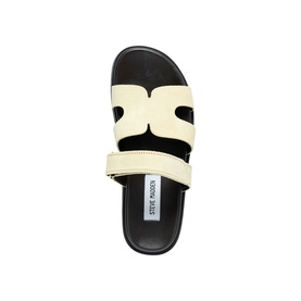 Steve Madden Missile Flat Sandals in yellow suede, overhead view showing adjustable strap, cutout upper detail and contrast dark sole