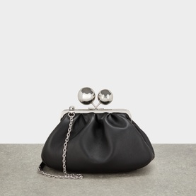 Max Mara Weekend Caro Clutch Bag in black leather, pouch silhouette with silver-toned kiss-lock clasp and detachable chain strap