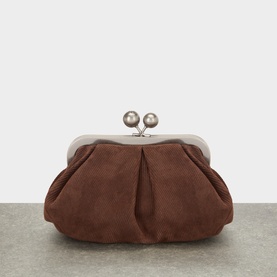 Max Mara Weekend chocolate suede-effect calf leather clutch bag with silver-tone ball clasp frame closure