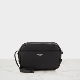 Max Mara Weekend black leather crossbody bag with silver-tone hardware, dual zip compartments, and adjustable shoulder strap