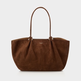 Max Mara Weekend brown suede shoulder tote bag with gathered sides, single loop handle, and gold-tone logo detail
