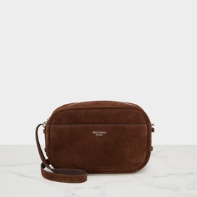Max Mara Weekend chocolate suede calfskin shoulder bag with front slip pocket, gold-tone hardware, and slim crossbody strap