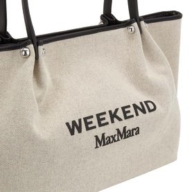 Max Mara Weekend canvas and black leather top handle tote bag with embroidered logo, silver hardware detail