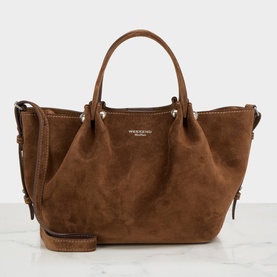 Max Mara Weekend brown suede top handle bag with silver-tone hardware, drawstring detail, and detachable crossbody strap