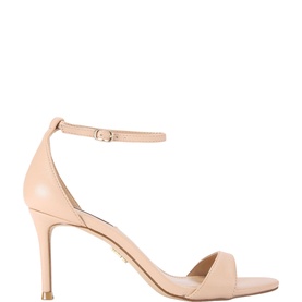 Steve Madden beige leather stiletto heel sandal with single toe strap and ankle buckle fastening, gold-tone hardware