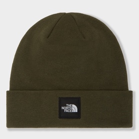 North Face beanie in New Taupe Green, ribbed knit with folded cuff and branded black woven logo patch.