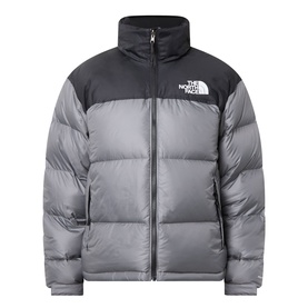 North Face casual jacket in Smoked Pearl and TNF Black, quilted puffer design with high collar and logo patch on chest.